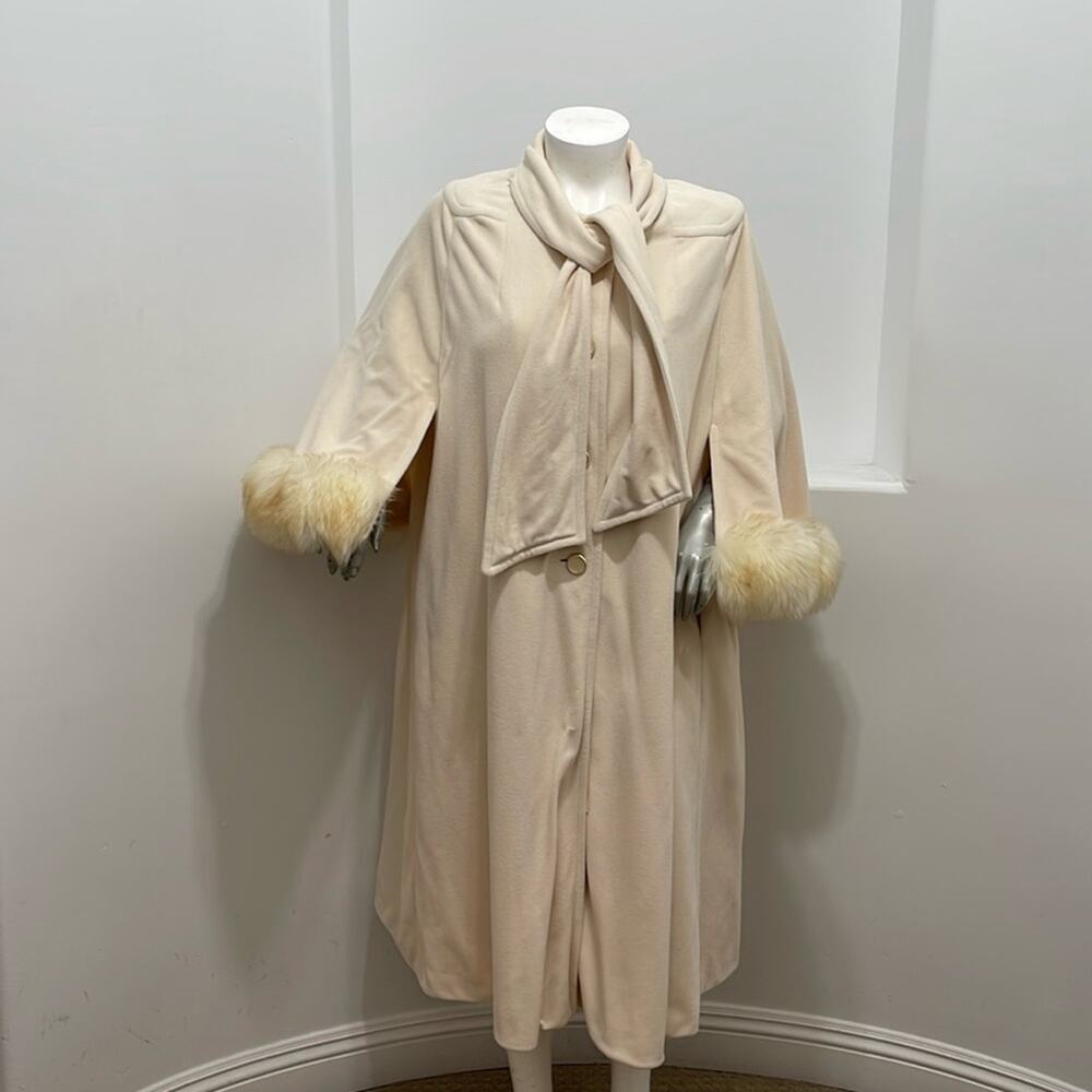 Vintage Kashmiracle Ivory Faux Fur Trim Cape Maxi Coat Scarf Size 24.5 NWT USA